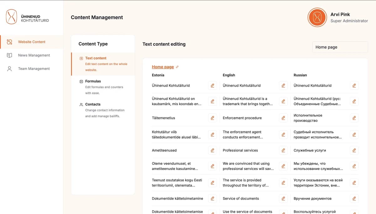 Content management screen with home page text listed in Estonian, English and Russian columns, each with an edit button, and sections for formulas and contacts.