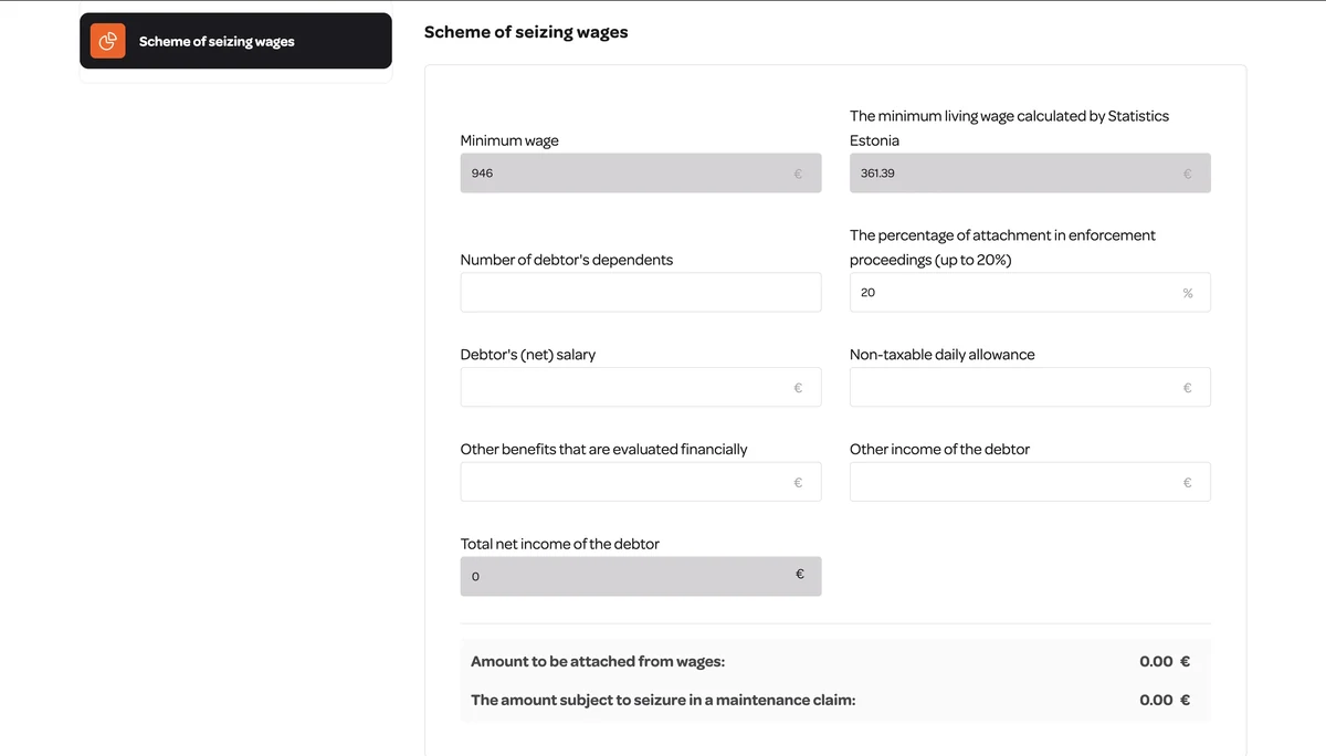 Wage-seizure calculator with fields for salary, dependants and other income, prefilled minimum and living wages, and the computed amounts to be attached.