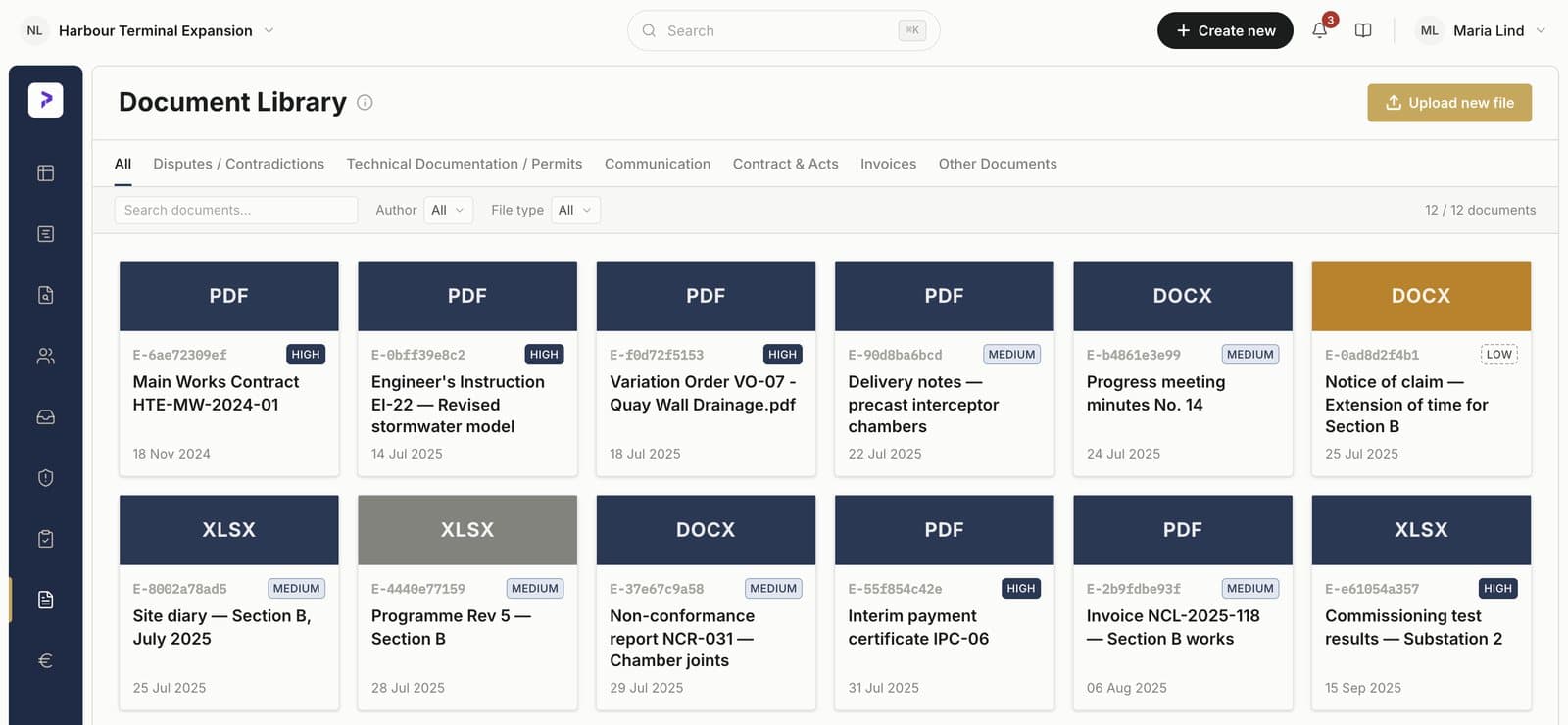 CasePilot document library showing twelve case documents as cards, grouped under category tabs and labelled with file type, reference, reliability rating and date.