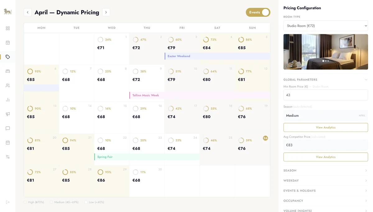 Dynamic pricing calendar for April showing nightly rates and occupancy per day, local events on their dates, and a pricing configuration panel for the Studio Room.