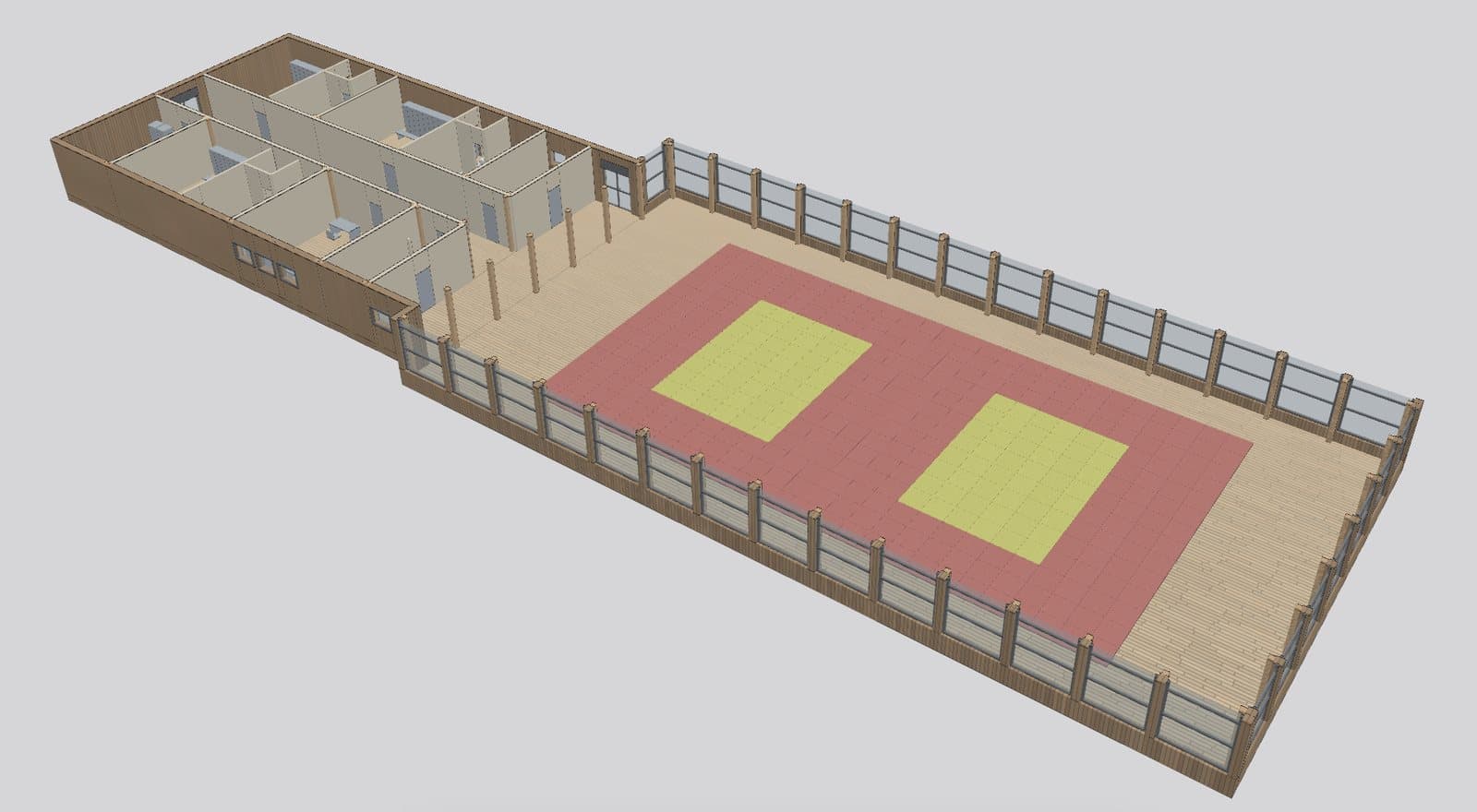 3D cut-away view of a modular sports building, with a block of room modules beside a glazed hall holding two tatami mat areas.