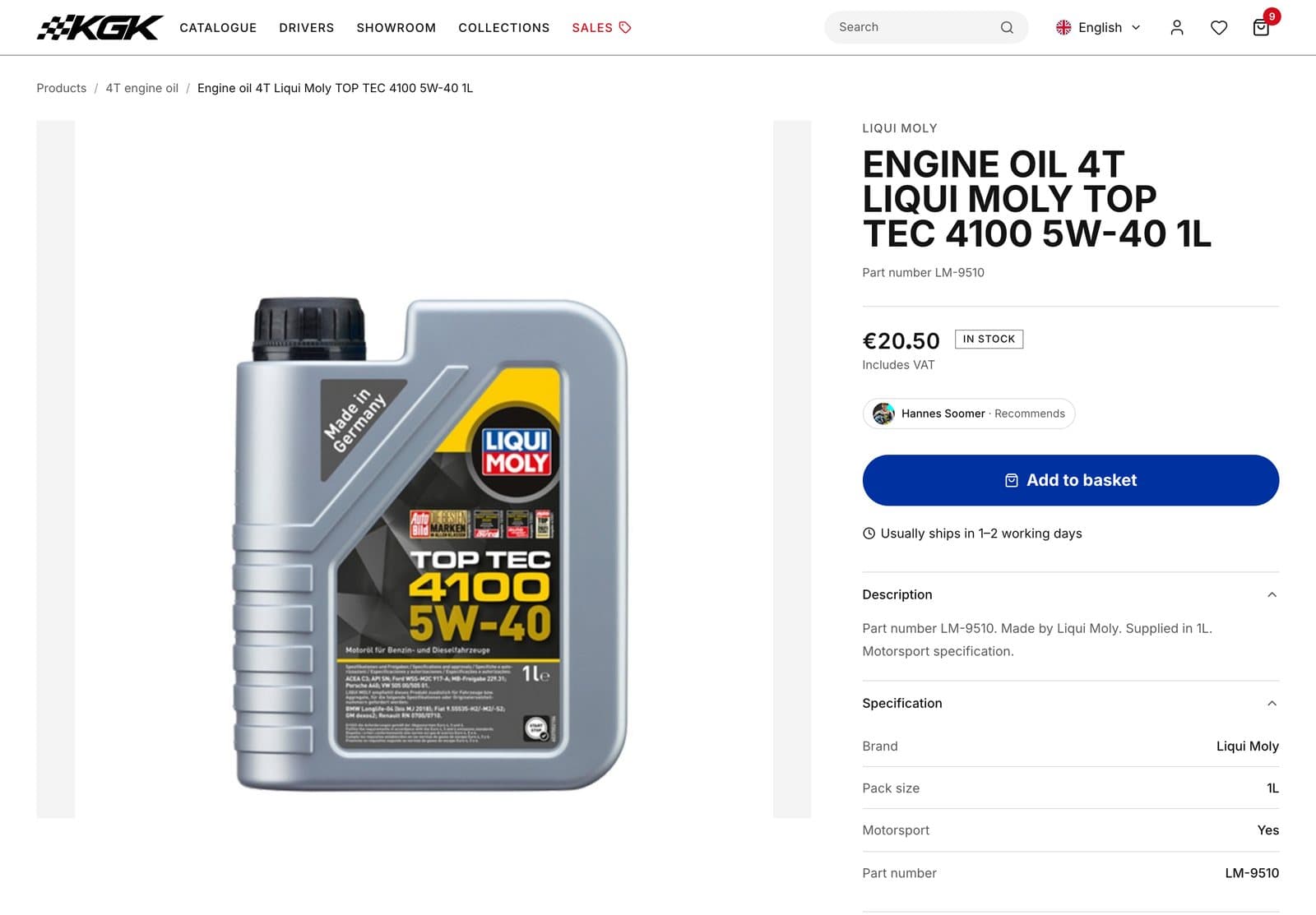 Product detail page for a 1-litre engine oil showing the product image, part number, price with an In stock badge, an Add to basket button, and description and specification panels.