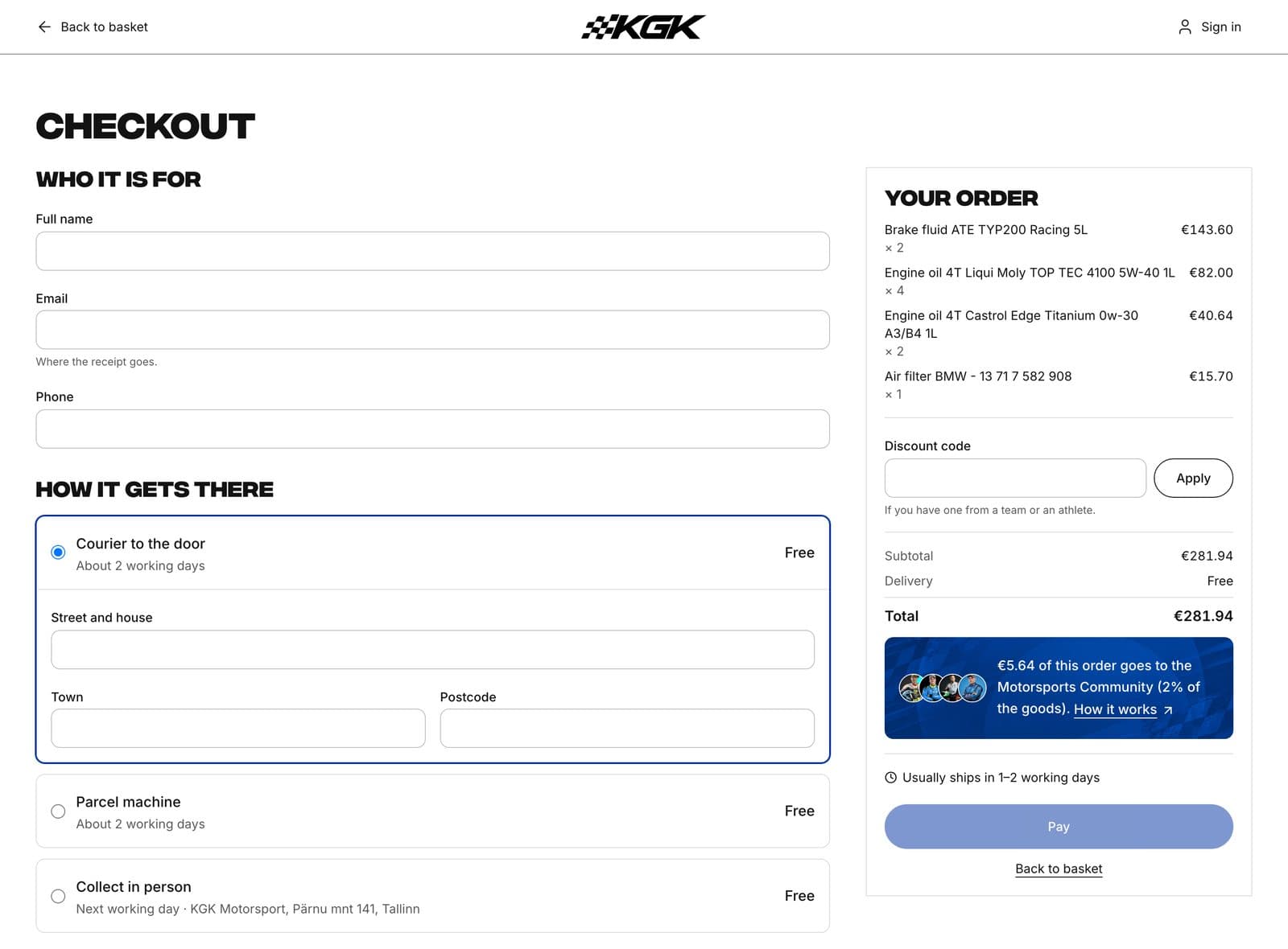 Checkout page with contact fields, three delivery options with courier selected, and an order summary with four items, a discount code field, subtotal, delivery and the total.