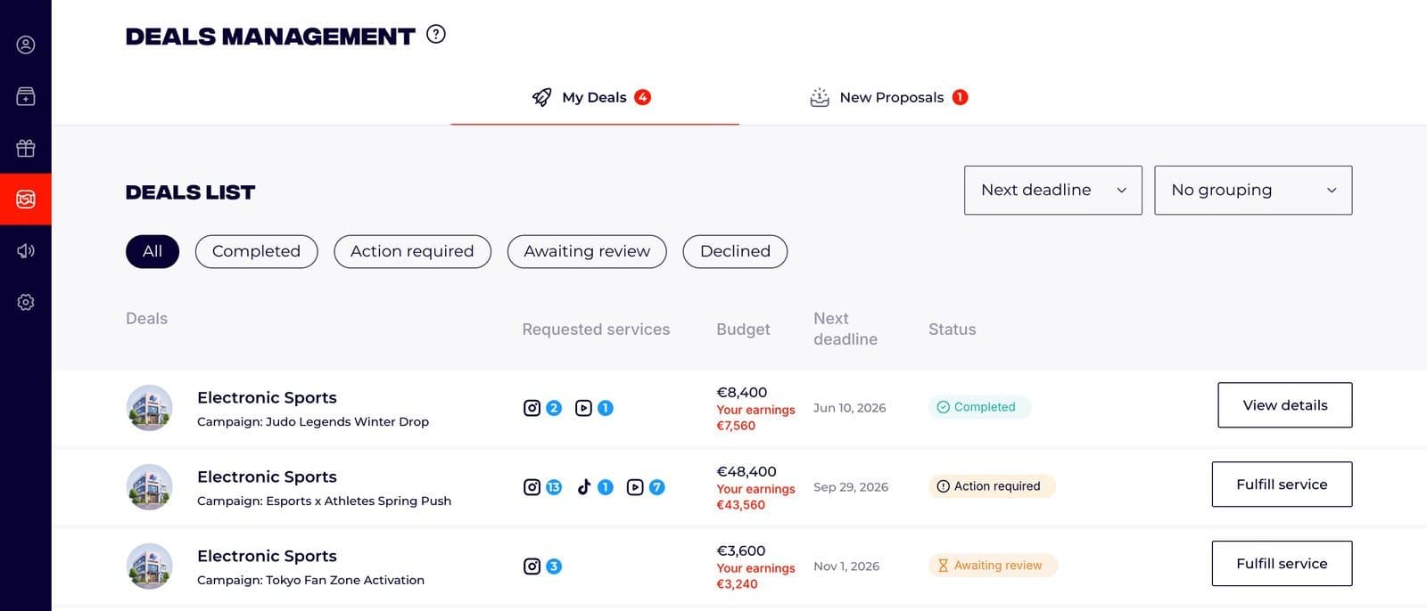 Deals management screen for a partner, listing brand deals with requested Instagram, TikTok and YouTube services, budget and earnings, next deadline, status and fulfil-service actions.