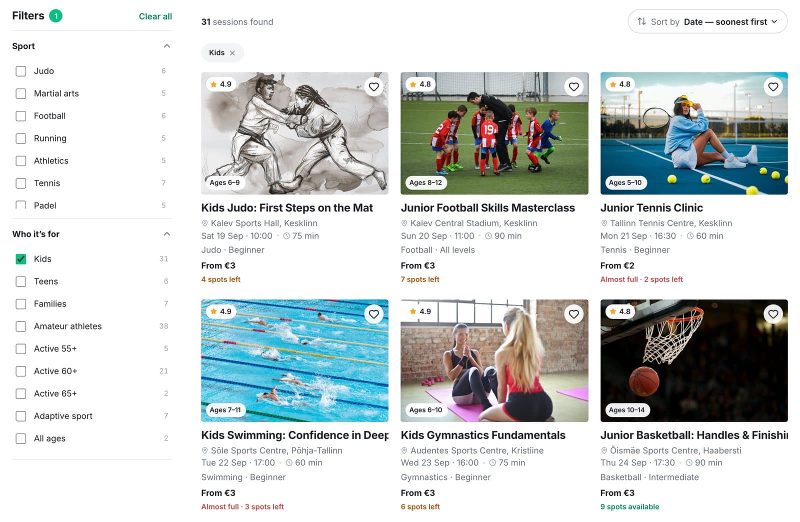 Search results page filtered to Kids, with a filter sidebar on the left and a grid of session cards showing venue, date, price and remaining spots.
