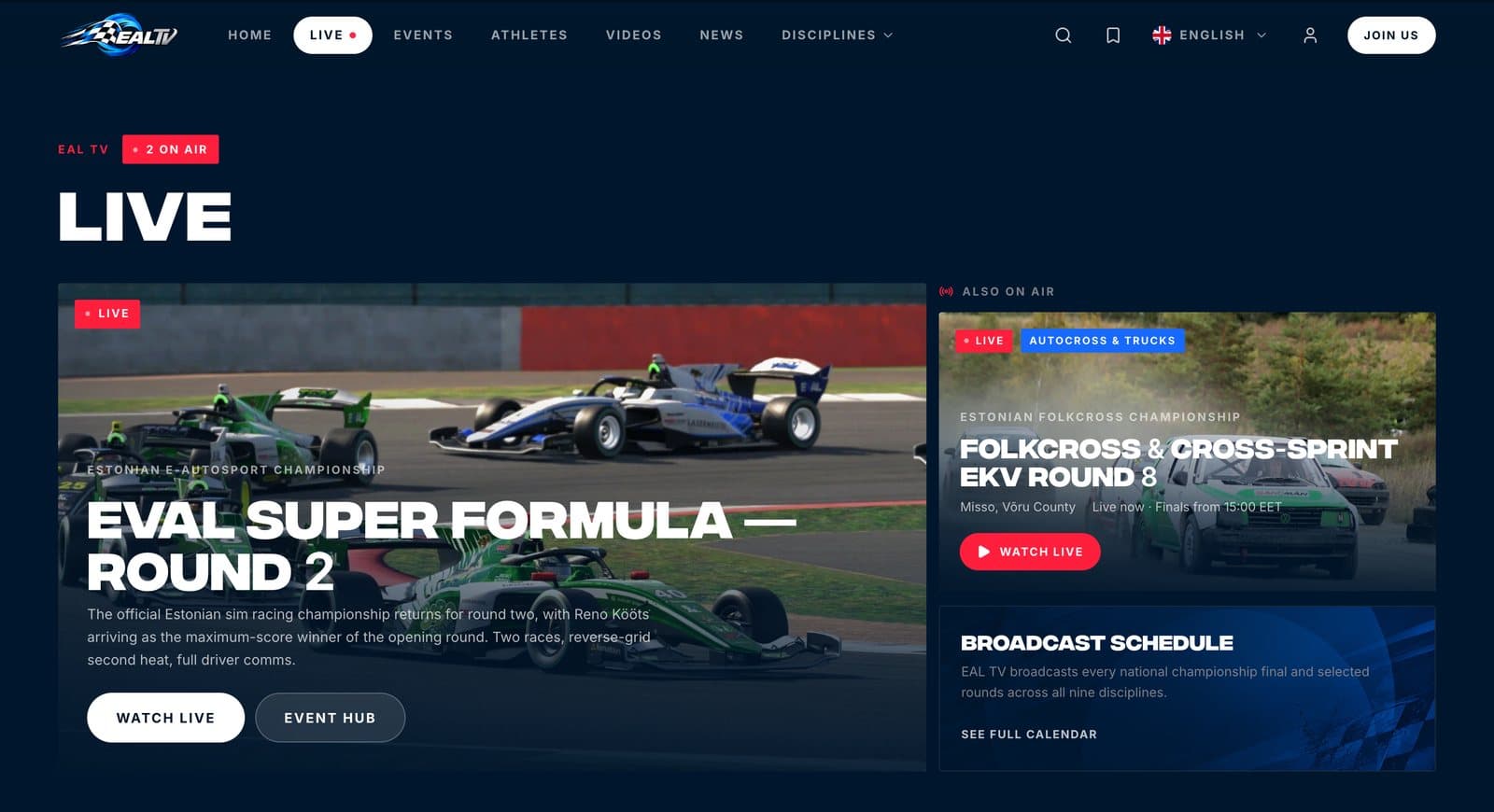 Live hub showing a featured e-autosport race stream, a second live folkcross stream and a broadcast schedule panel.