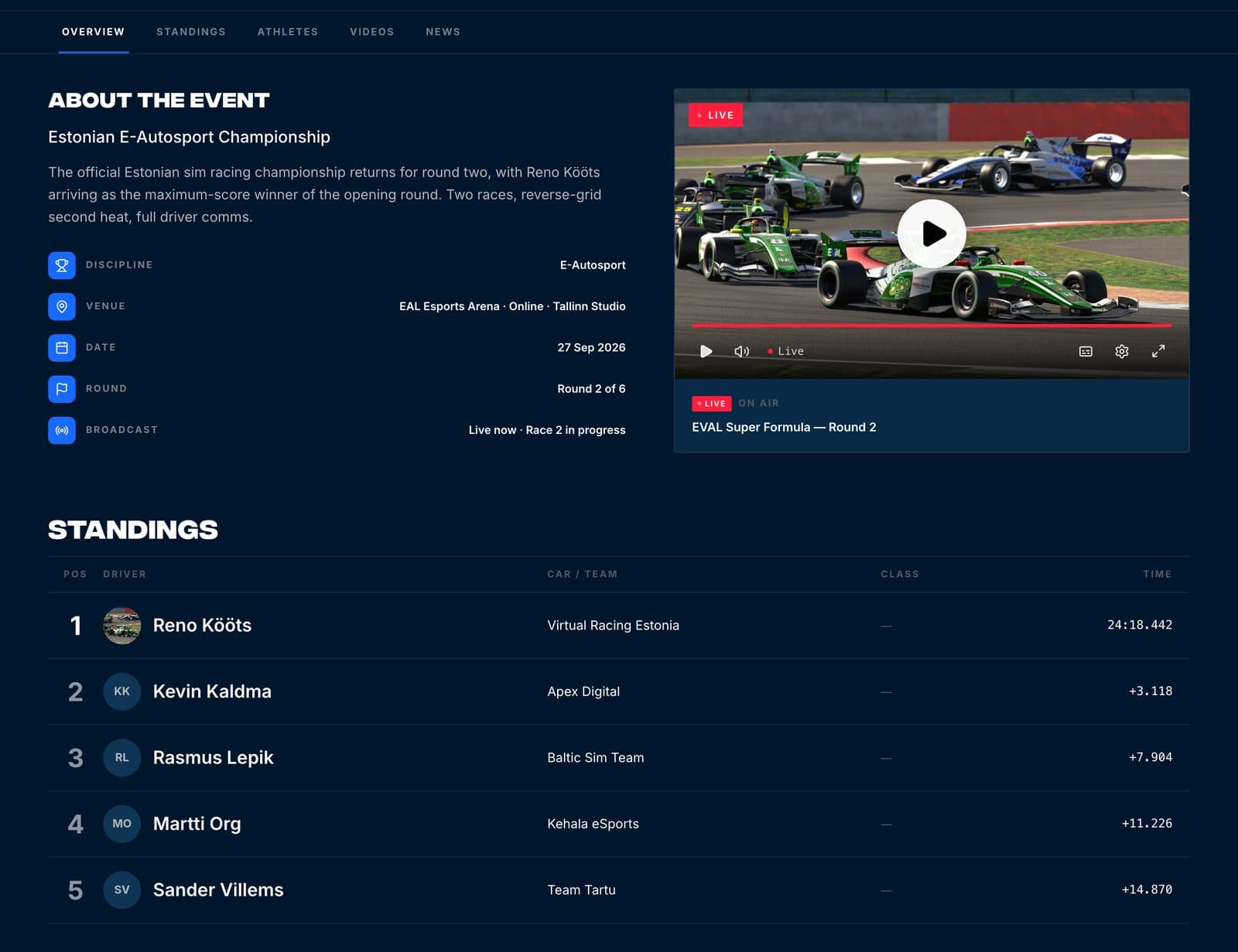 Event hub for a sim racing round showing event details, an embedded live video player and a five-driver standings table.