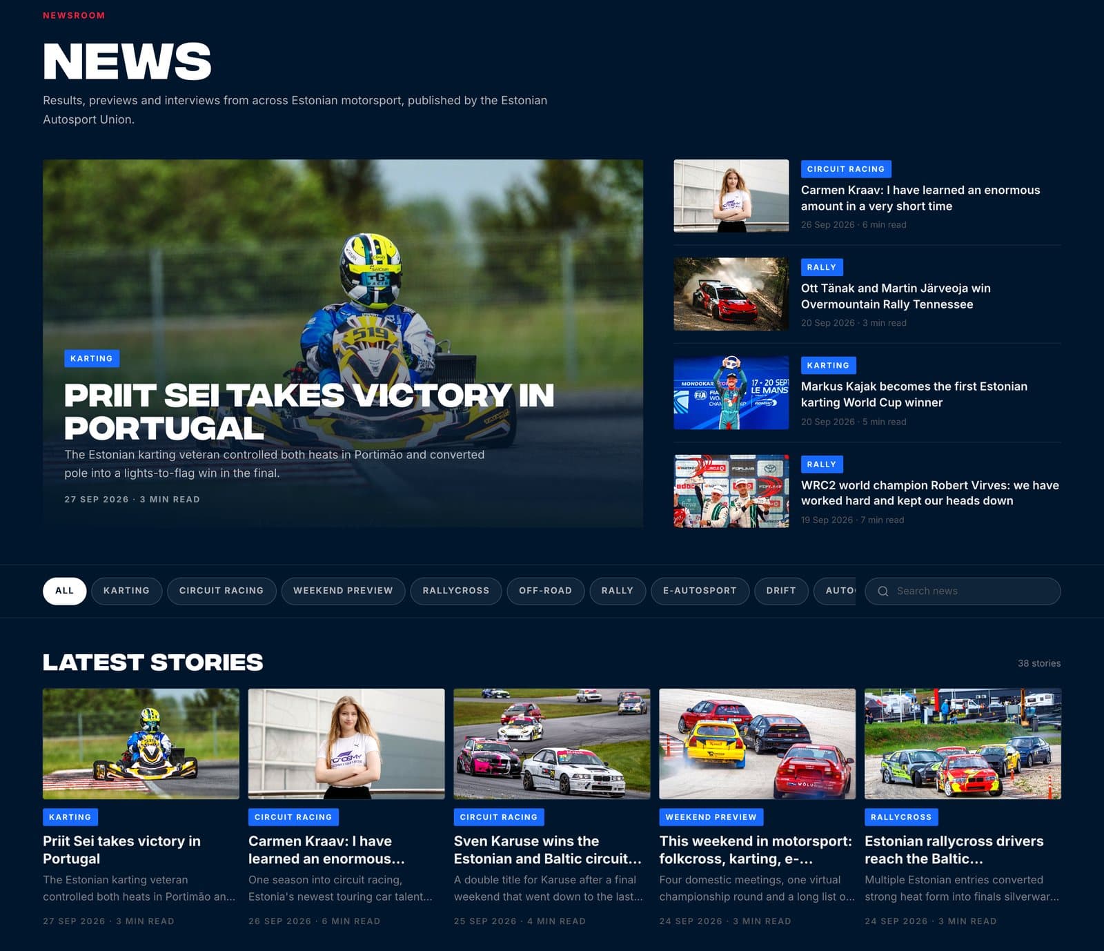 Newsroom page with a featured karting story, a list of rally and circuit racing headlines, category filters and a grid of latest stories.