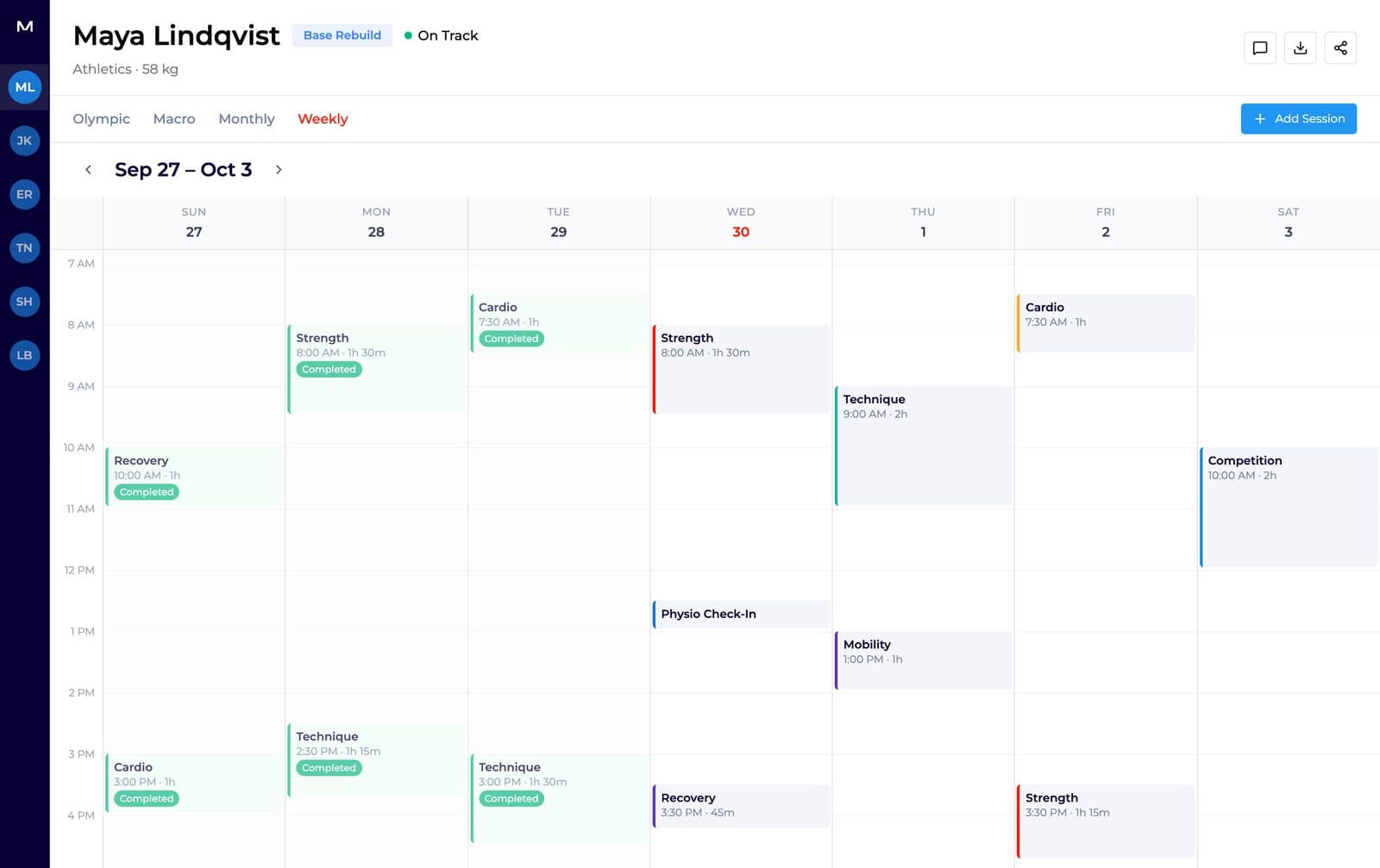 Weekly planning calendar for one person, showing colour-coded sessions and an appointment across seven days, with completed items marked and a sidebar for switching between team members.